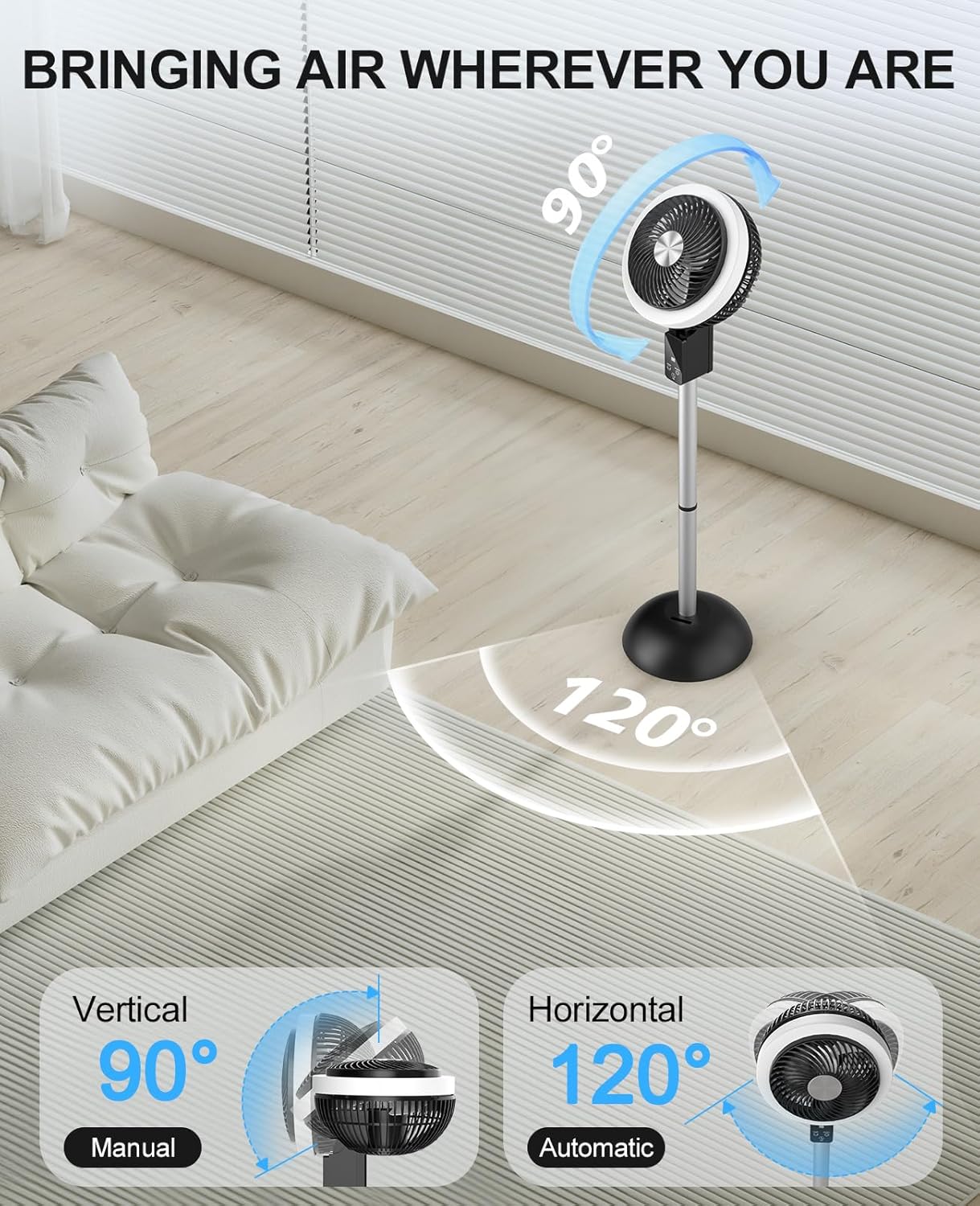 Skiennix Portable Standing Fan - 10000mAh Rechargeable Battery | 90°+120° Oscillation, 8 Speeds, Adjustable Height