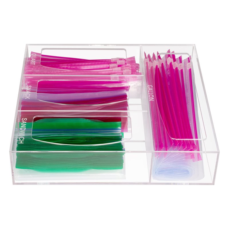 Aphbrada Acrylic Bag Storage Organizer for Kitchen Drawer, Food Storage Bag Organizer Holder Compatible with Ziplock, Glad, Hefty, Gallon, Quart, Sandwich & Snack Variety Size Bag (Clear)