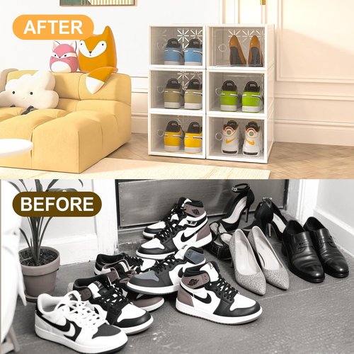 HWQBany 6 Pack X-Large Shoe Storage Boxes Organizer for Closet, Shoe Boxes Clear Plastic Stackable, Space Saving Foldable, Fit up to US Size 12 Shoes, Shoe Rack for Entryway, Closet, Under Bed, White