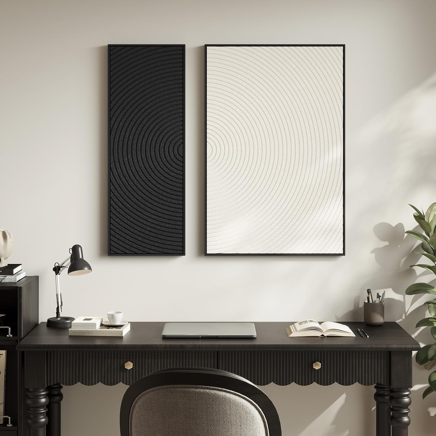 Skiennix 3D Textured Black and White Abstract Wall Art - Modern Minimalist 2-Piece Set for Home Decor