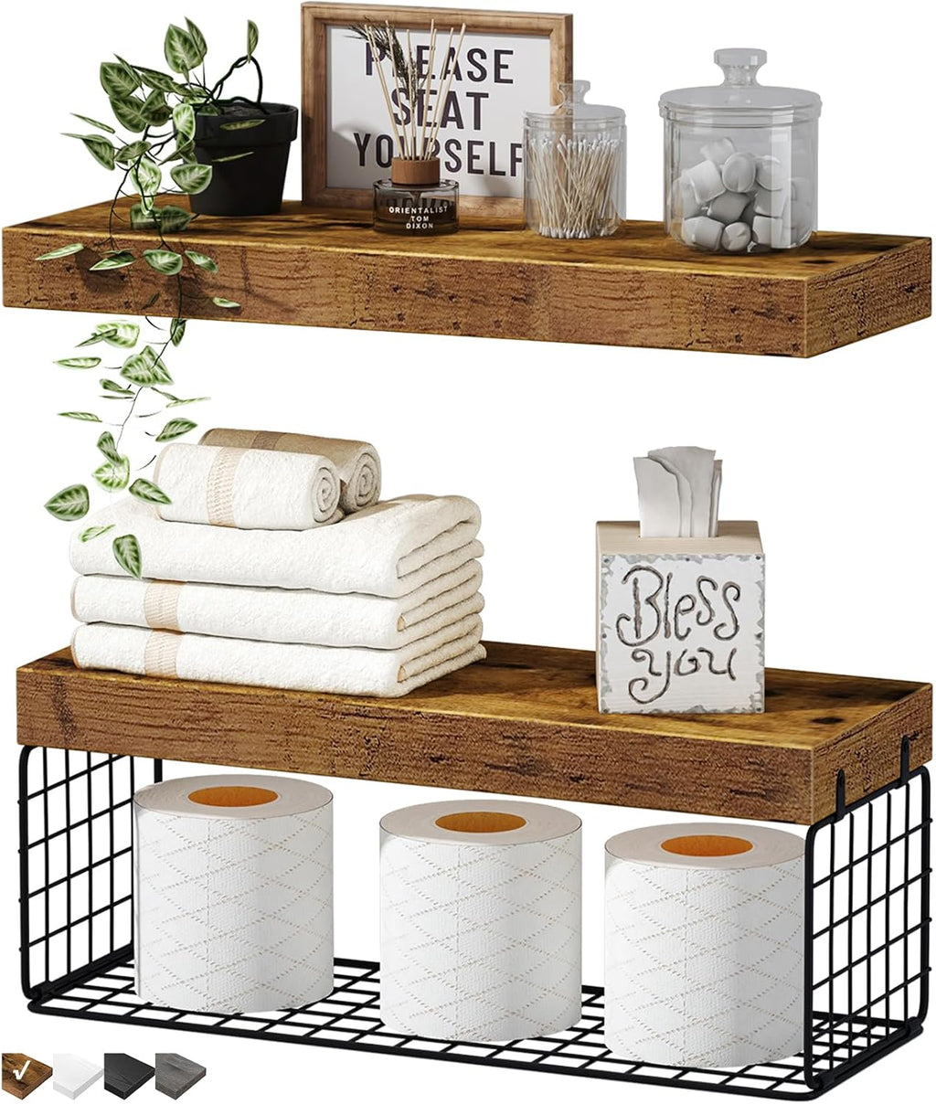 QEEIG Bathroom Shelves Over Toilet - Rustic Brown Wall-Mounted Floating Shelves | Set of 2, 16 Inch Storage Solution