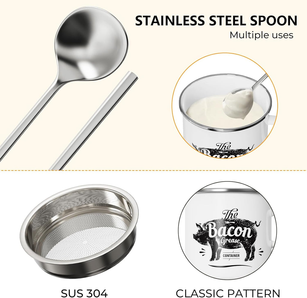 PGYARD Mini Bacon Grease Container - 15oz Enamel Strainer for Kitchen Fat Storage | Dishwasher Safe - White