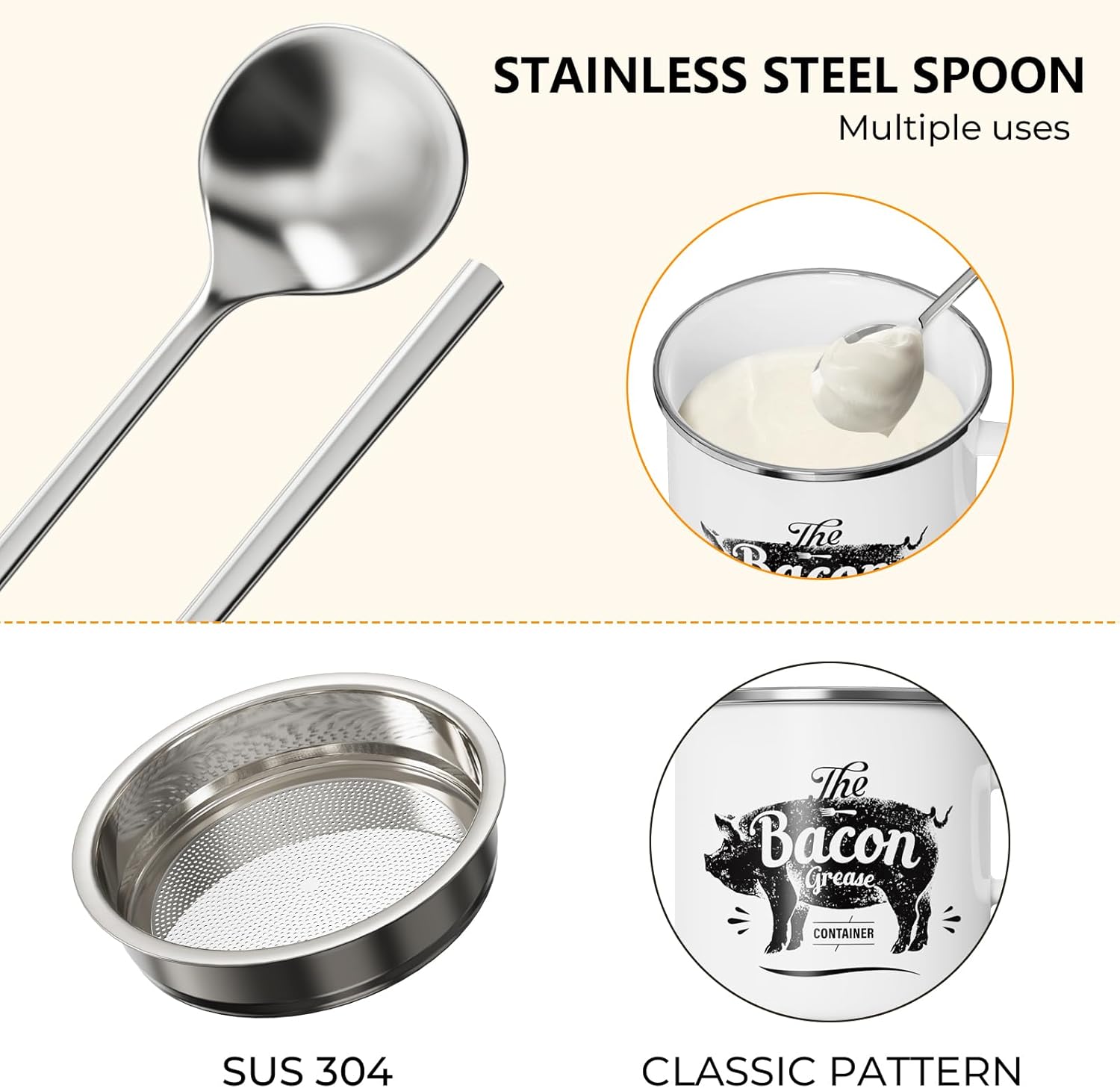 PGYARD Mini Bacon Grease Container - 15oz Enamel Strainer for Kitchen Fat Storage | Dishwasher Safe - White
