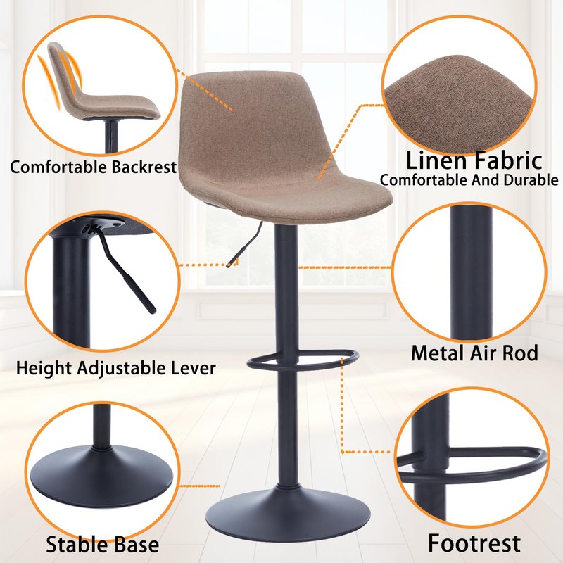 Whiterye Adjustable Swivel Bar Stools Set of 2, Modern Fabric Upholstered Barstools with Backs, Seat Adjustable Height 22-31IN, Bar Chairs with Foam Padded, Stools for Kitchen Counter (Brown).