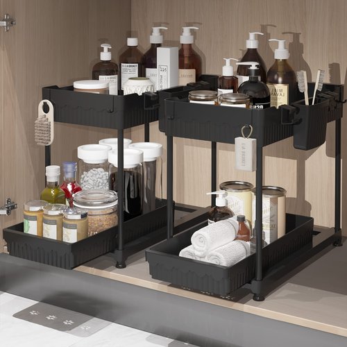 Sevenblue 2 Pack Multi-Purpose Under Sink Organizers and Storage, 2026 Pull Out Cabinet Organizer for Bathroom & Kitchen, Under Cabinet Organizer with Hooks Hanging cup, Black