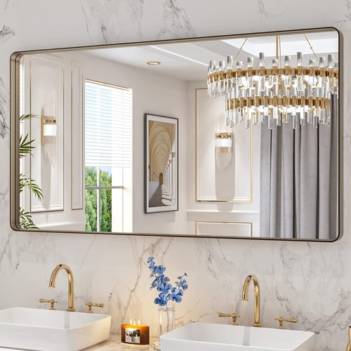 LOAAO Bronze Bathroom Mirror - 55”X30” Rounded Rectangle with Anti-Rust Brushed Metal Frame | Versatile Hanging Options