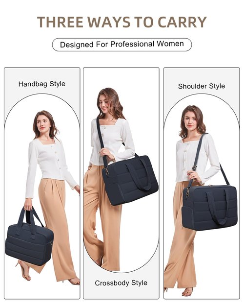 Lunch Tote Bag for Women Work, 17.3 Inch Laptop Purse with Insulated Lunch Compartment Coin Wallet for Meal, Large Puffy Quilted Travel Duffle Bag Blue