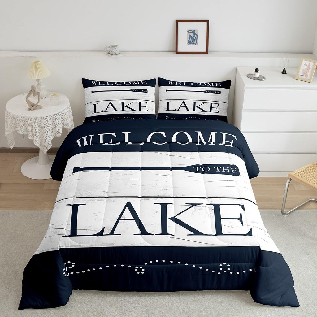Castle Fairy Lake House Themed Comforter Set Twin Size,Go Boating Paddle Lake Time Bedding Set for Kids Boys Men,Retro Navy White Wooden Board Quilted Duvet Set with 1 Pillowcase