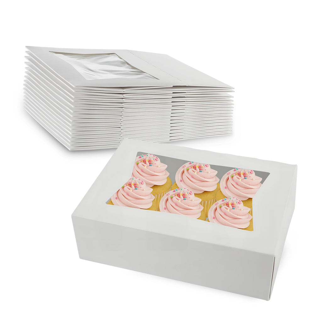 MT Products Cupcake Boxes 8" x 5.75" x 2.5" - Auto Pop-Up Bakery Boxes with Window (Pack of 25) - Made in the USA