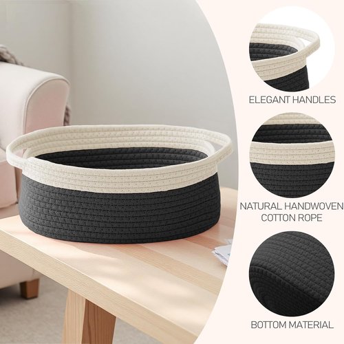 JMvicyroam Woven Basket - Small Rope Storage Bin with Handles | Stylish Organizer for Shelves & Closets - White & Black (2 Pack)