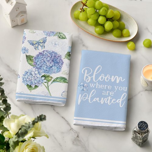 Artoid Mode Blue Hydrangea Motto Spring Kitchen Towels Dish Towels, 18x26 Inch Farmhouse Decoration Hand Towels Set of 4