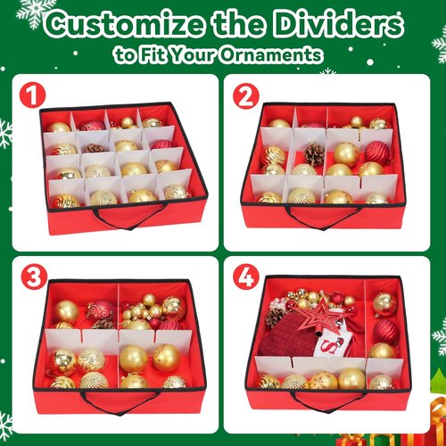 Christmas Ornament Storage Box - Durable 600D Oxford Container Holds Up to 128 Ornaments | 8 Trays, Red