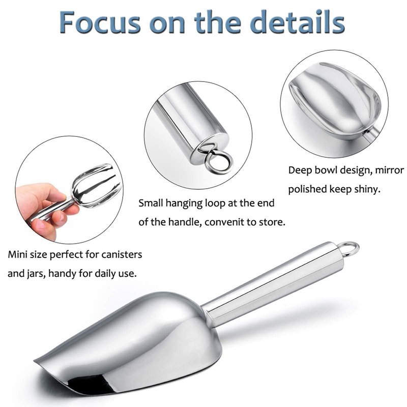 Mini Ice Scoop Set of 6, E-far 3 Ounce Stainless Steel Kitchen Scoops, Ideal for Candy/Ice Cube/Flour/Sugar/Coffee Bean/Protein Powder, Food Grade & Anti Rust, Easy Clean & Dishwasher Safe