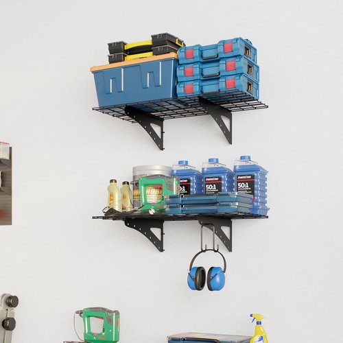 Garage Shelving | Wall Mounted Heavy Duty Set of 2 - 2 x 4 ft Floating Storage Racks, Max Load 250 lbs, Black