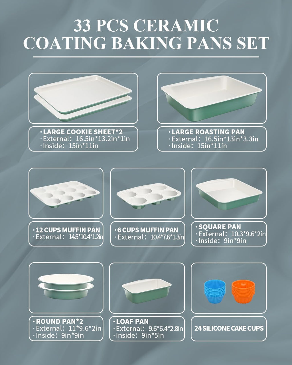 Skiennix Ceramic Nonstick Baking Pans Set - 33 PCS Stackable Bakeware, 550°F Oven Safe, Dishwasher Safe, Green