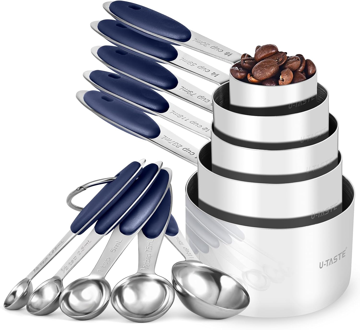 U-Taste Measuring Cups and Spoons Set - Food Grade 18/8 Stainless Steel | 10-Piece Set with Upgraded Handle (Midnight Blue)