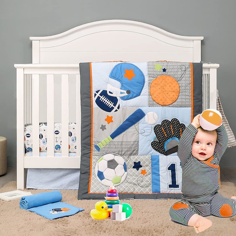 Brandream Sport Baby Crib Bedding Sets - No.1 Champ Ball Theme Boys Nursery Set | 3-Piece Nursery Set | Baby Quilt, Fitted Crib Sheet, Dust Ruffled Included - Blue & Grey