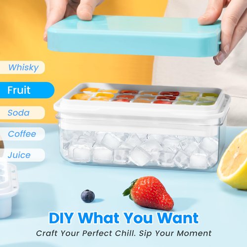 Ice Cube Tray with Lid and Bin, PHINOX 56 pcs Ice Trays for Freezer, Ice Cube Trays for Freezer with 2 trays, Container, Lid & Ice Scoop, BPA Free