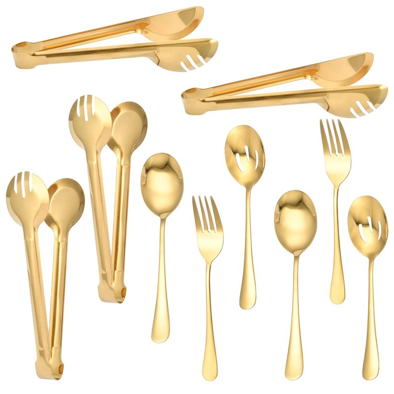 20.99 Worldity 10 Pieces Stainless Steel Flatware Serving Utensils Large Serving Spoon Set Multipurpose Gold Serving Utensils for Home Restaurant Party Dishwasher Safe Gold