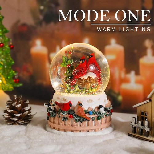 Bdor Christmas Cardinal Snow Globe - LED Lights & Music | 4.53" x 4.53" x 5.51" | 2 Modes: Color Changing & Warm Glow
