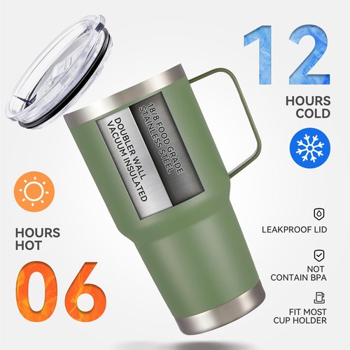 Cool Yoleb 30 oz Tumbler with Handle and Lid, Stainless Steel Tumblers Bulk Double Wall Vacuum Insulated Travel Mug Leak Proof Cup Keep Drinks Cold and Hot Army Green, 8 Pack