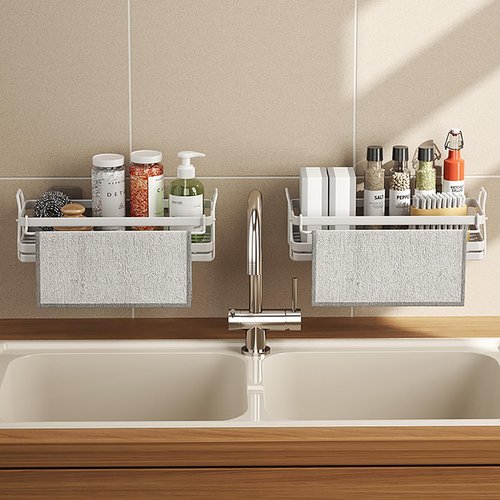 ASYEHJNR Sponge Holder Wall Mount Kitchen Sink Organizer, Dish Sponge Holder with Divider, Kitchen Sink Caddy, Sink Accessories-White
