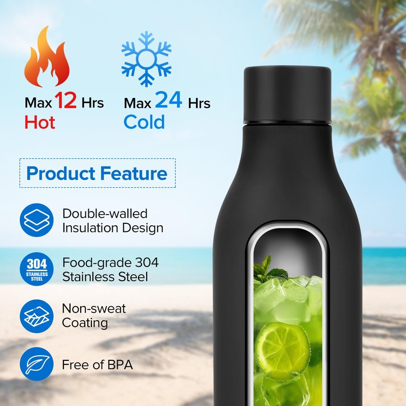 Insulated Metal Water Bottle, 18 oz Stainless Steel Leak-Proof Gym Water Bottle with Lid for Men Women (Black)