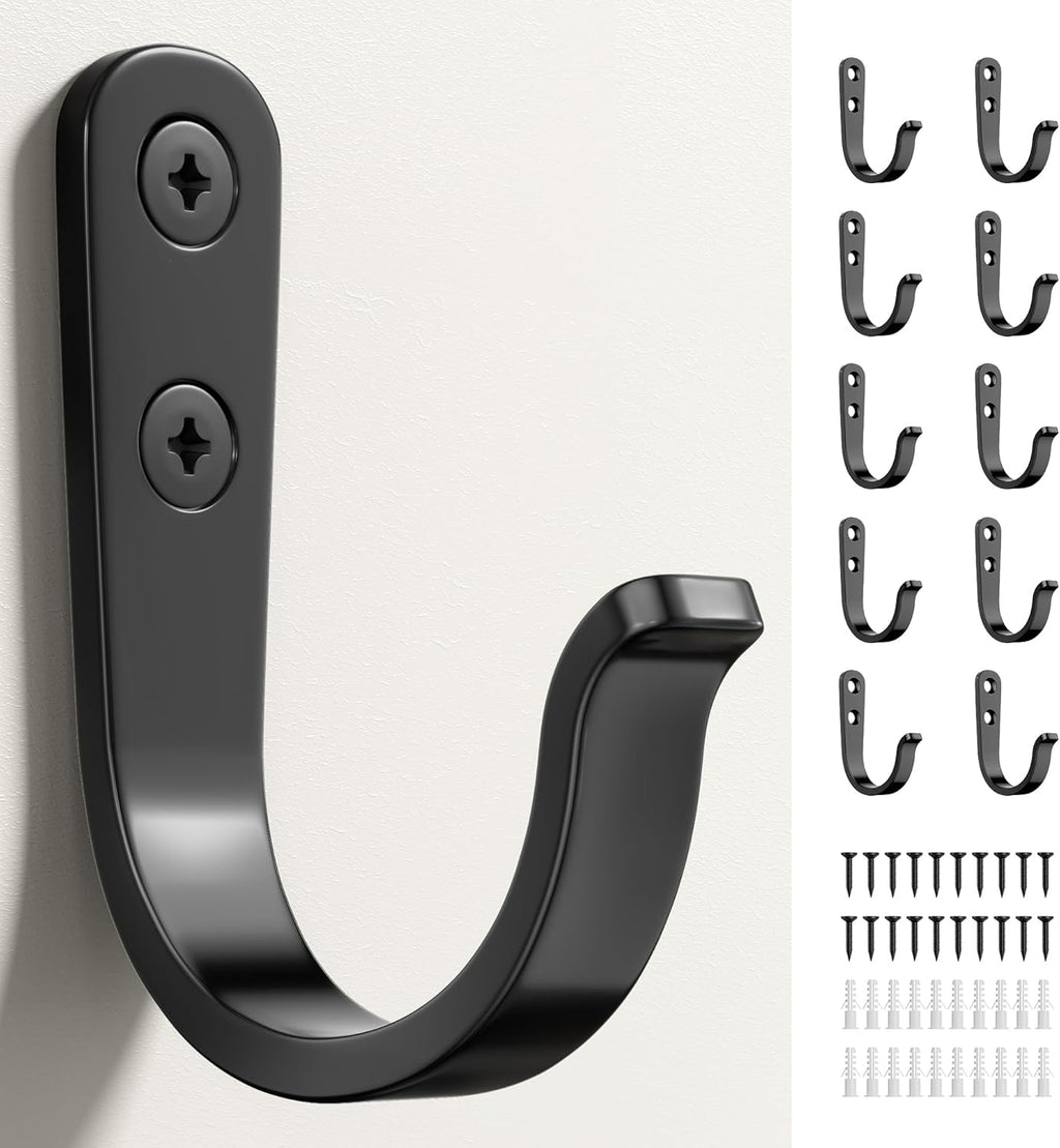 10Pcs Black Metal Wall Hooks by [Brand Name] - Durable Hooks for Coats, Towels, Keys & More - Holds Up to 40 lbs