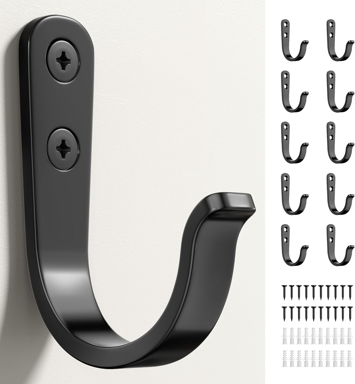 10Pcs Black Metal Wall Hooks by [Brand Name] - Durable Hooks for Coats, Towels, Keys & More - Holds Up to 40 lbs