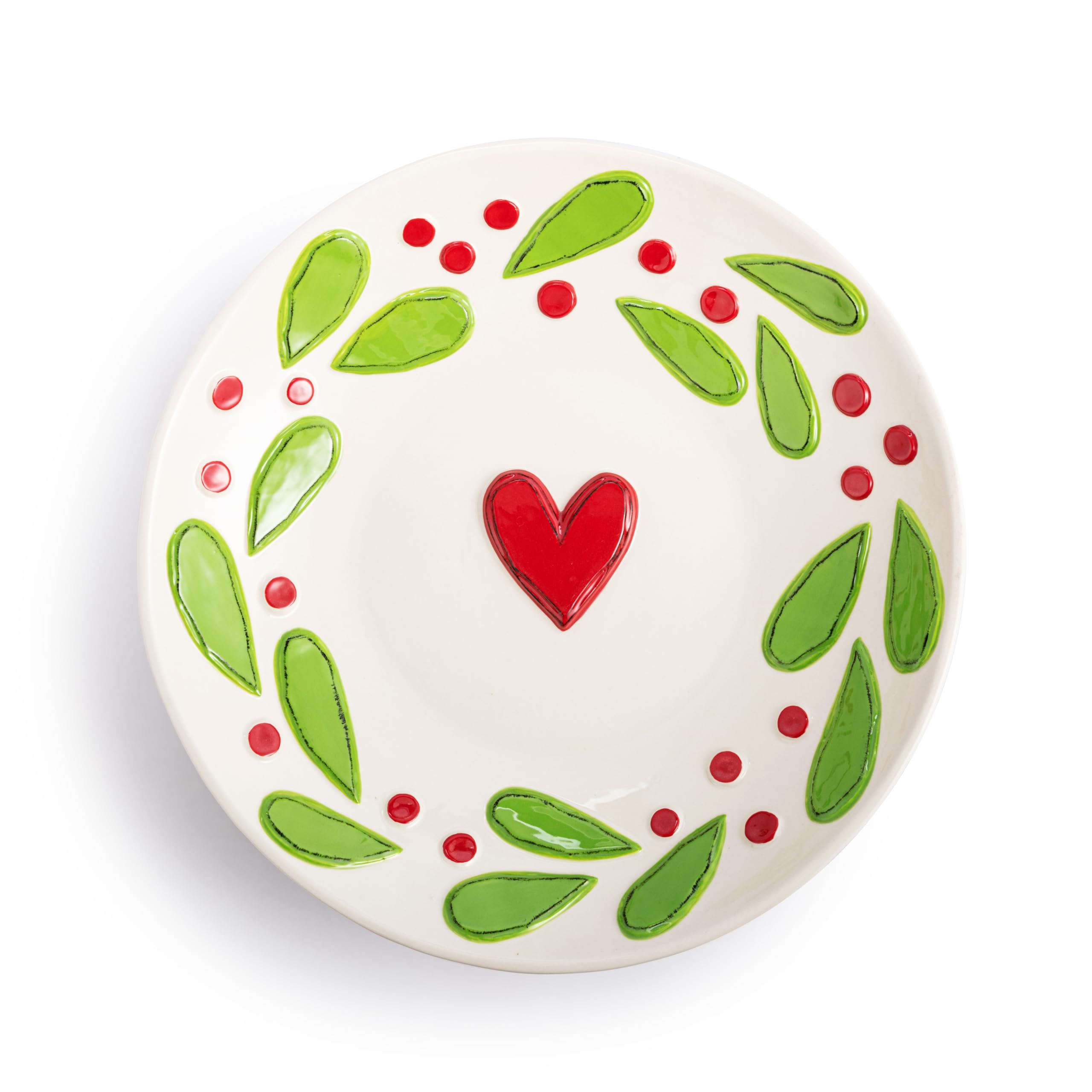 DEMDACO Heartful Home Holiday Red, White, Green 13 Inch, Ceramic Stoneware Christmas Festive Kitchen or Table Decor, For Everyday or Entertaining, Serving Dish Bowl, Holly Berry Heart