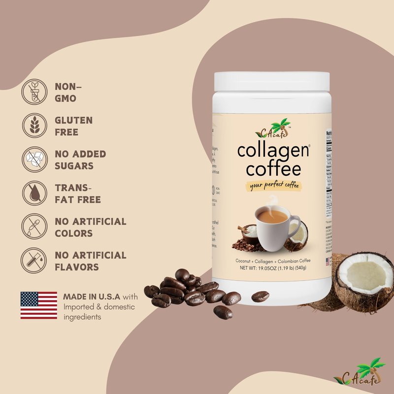 CAcafe Collagen Coffee | Coconut Infused Colombian Blend Coffee with Anti-Aging Collagen | Antioxidants & Natural Energy | 19.05oz