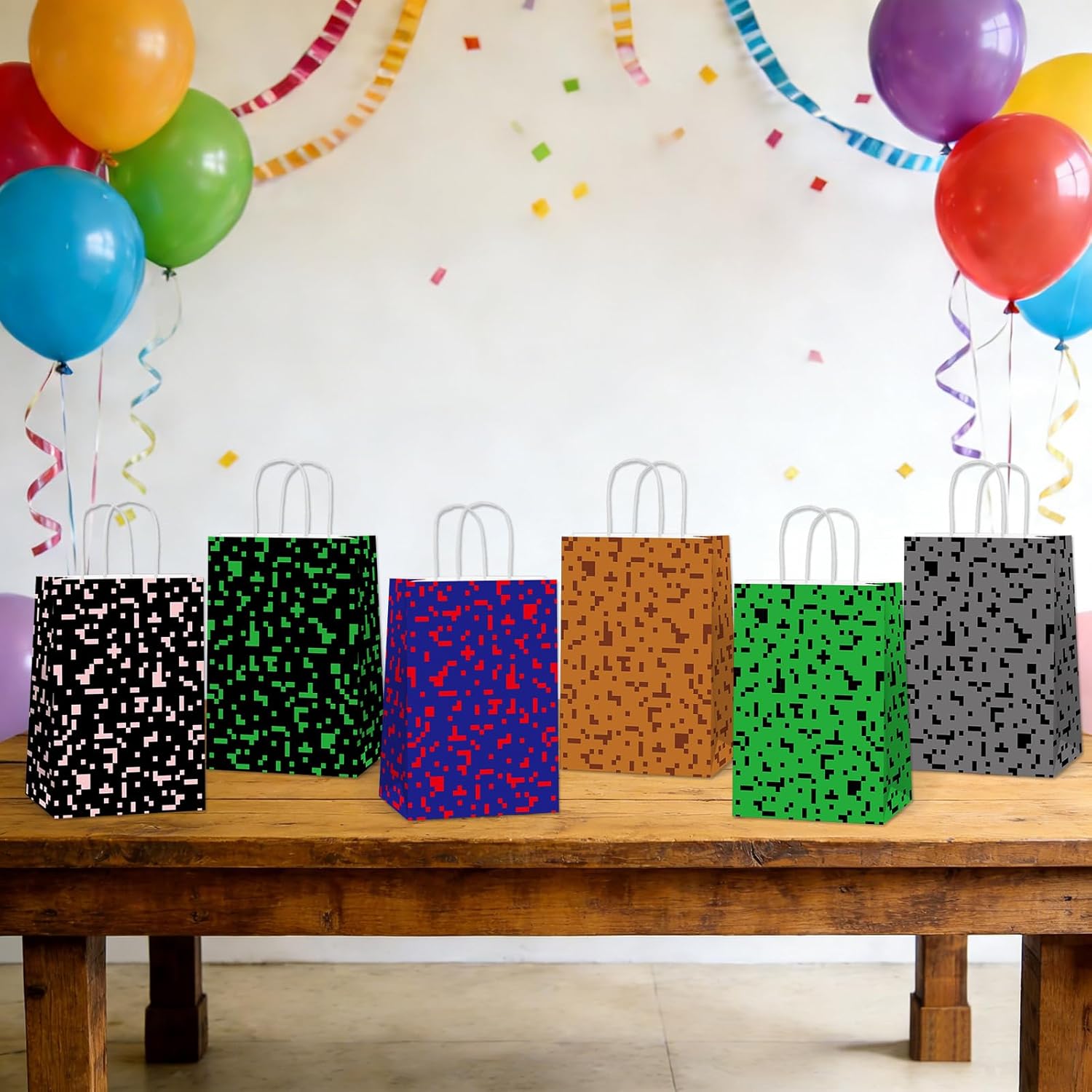 Skiennix Pixel Party Favor Bags - 12 PCS Video Game Themed Treat Bags with Handles for Kids' Birthdays