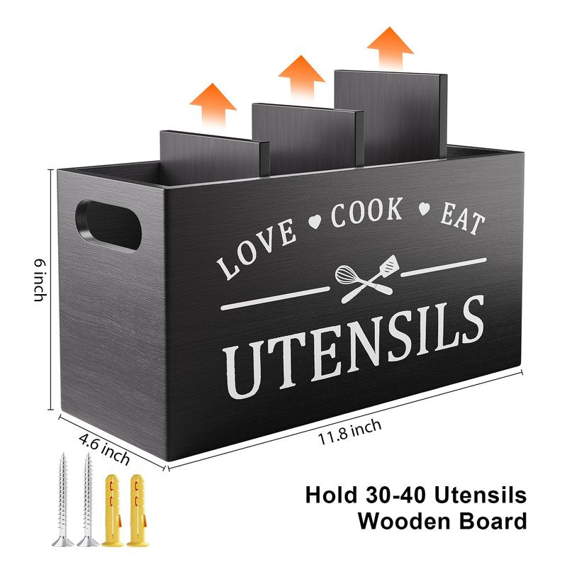 Extra Large Utensil Holder for Kitchen Counter with 4 Compartments, Kitchen Cooking Utensils Holder for Countertop,Black Wooden Utensil Caddy for Farmhouse Spatula,Cutlery,Wood Wall Mounted Organizer