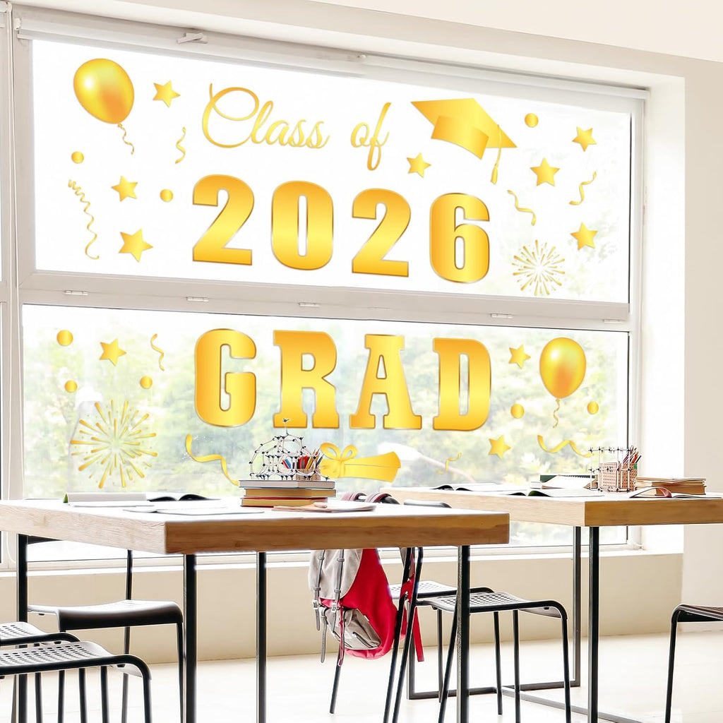 Whaline Graduation Window Clings - Class of 2026 Gold Foil Reusable Decals for Home & School Decor