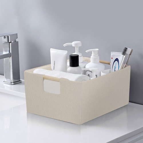 ANMINY 4PCS Storage Baskets for Organizing Collapsible Fabric Storage Bins Boxes with Wood Handles Closet Shelves Cube Organizer Bins Clothes Laundry Storage Container - Large, Beige