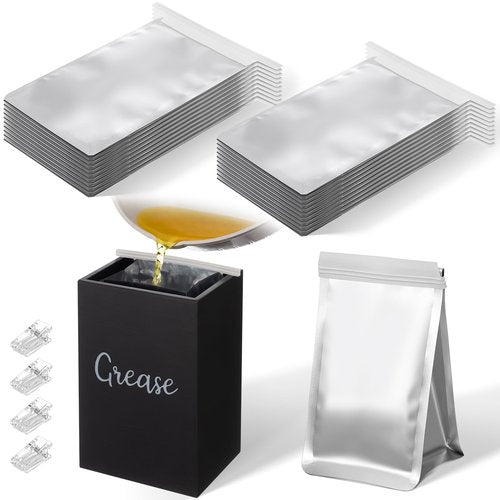 Hushee 35 Set Grease Disposal Container for Kitchen with 30 Foil Liners Disposable Grease Bags Bulk Wooden Storage Bin 4 Clip Bacon Cooking Oil Container Help Stop Kitchen Drains from Getting Clogged
