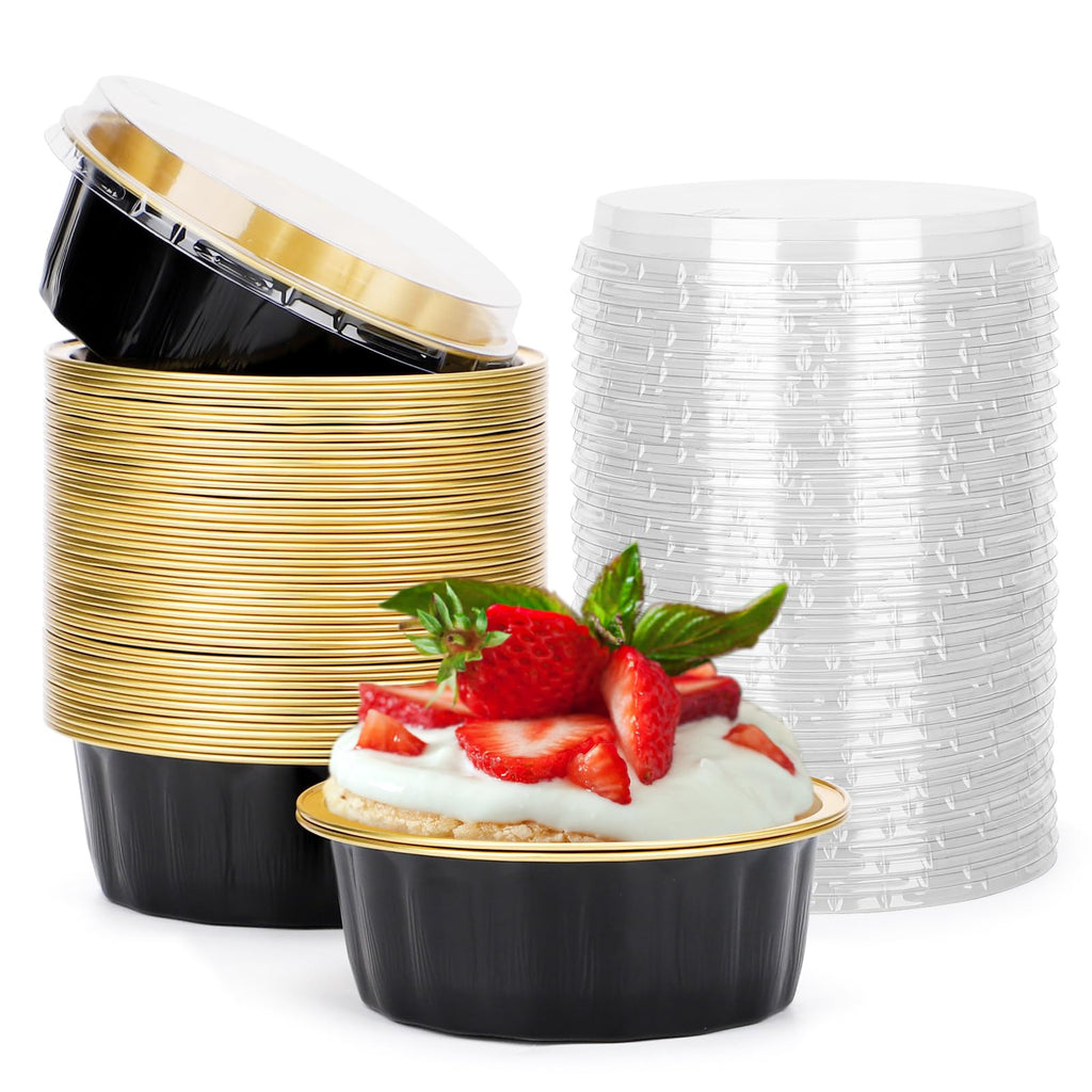 Beasea Disposable Ramekins with Lids, 8 oz 50 Pack Black Gold Aluminum Foil Cups, Disposable Creme Brulee Muffin Cupcake Baking Cup Mini Pudding Cups for Party Wedding Birthday