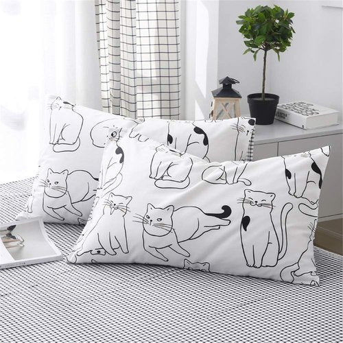 LAYENJOY Cats Duvet Cover Set Queen, 100% Cotton Bedding, Various Cartoon Cats Pattern Printed on White Reversible Black Plaid, 1 Comforter Cover Full and 2 Pillowcases for Kids Teens Boys Girls