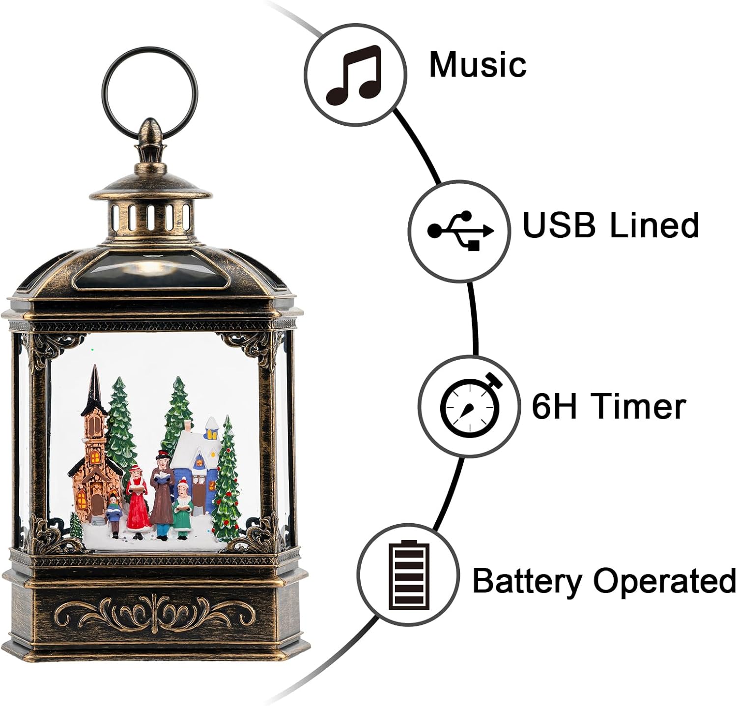 VISFLAIR Musical Snow Globe Lantern | Lighted Church Carolers Christmas Decoration - Battery or USB Powered