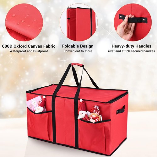 Mrrihand Christmas Ornament Storage Box - Organize 128 Holiday Ornaments | Adjustable Dividers, Dual Zipper, 600D Material (Red)