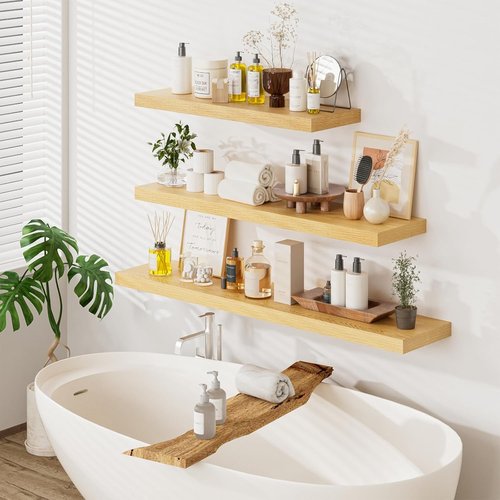 Heimlove Floating Shelves - 48W x 12D Long Wood Shelves with Heavy Duty Bracket | Set of 2, Oak Finish