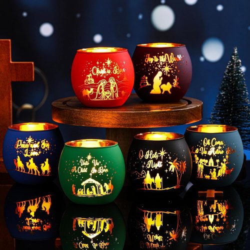 Jingmore Christmas Nativity Scene Votive Candle Holders - 6 Pcs Glass Set with Laser Engraved Designs for Holiday Decor