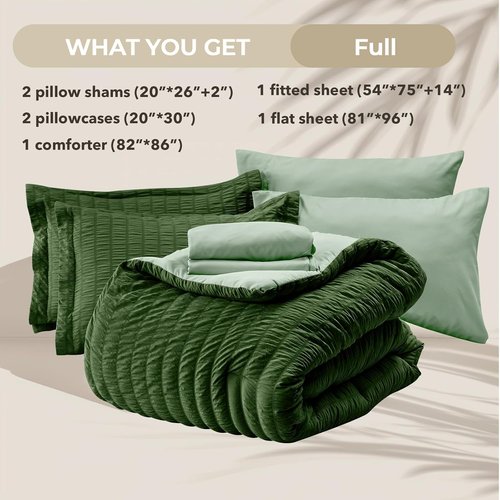 HYMOKEGE Full Size Comforter Set - Luxury 7-Piece Seersucker Bedding in Dark Green/Sage Green