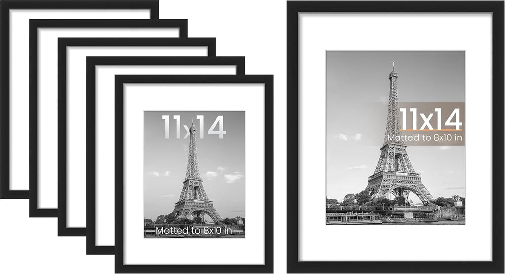 Upsimples 11x14 Picture Frame Set - 6 Pack for 8x10 Photos with Mat or 11x14 Without Mat | Black Wall Decor