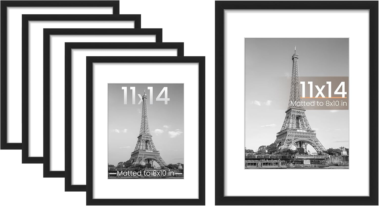 Upsimples 11x14 Picture Frame Set - 6 Pack for 8x10 Photos with Mat or 11x14 Without Mat | Black Wall Decor