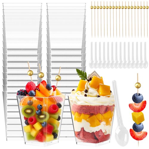 Kosotody 150 Pcs 5 OZ Dessert Cups with Spoons Cocktail Picks, Square Appetizer Cups Clear Mini Mini Party Serving Cups for Party Appetizers Pudding Yogurt Ice Cream Fruit