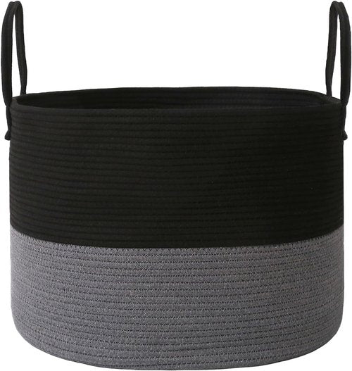 JMvicyroam 65L Extra Large Blanket Basket - Woven Cotton Rope Laundry Hamper with Handles | Machine Washable Black & Grey Storage Bin for Pillows, Comforters & Toys