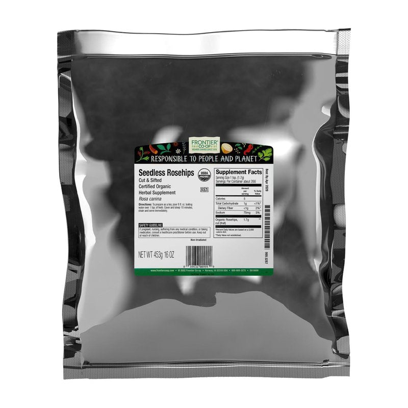 Frontier Co-op Organic Seedless Rosehips, Cut and Sifted - 100% Natural Dried Rose Hips for Rosehip Tea Organic, Powder, Oil - Kosher | 16 Ounce (Pack of 1)