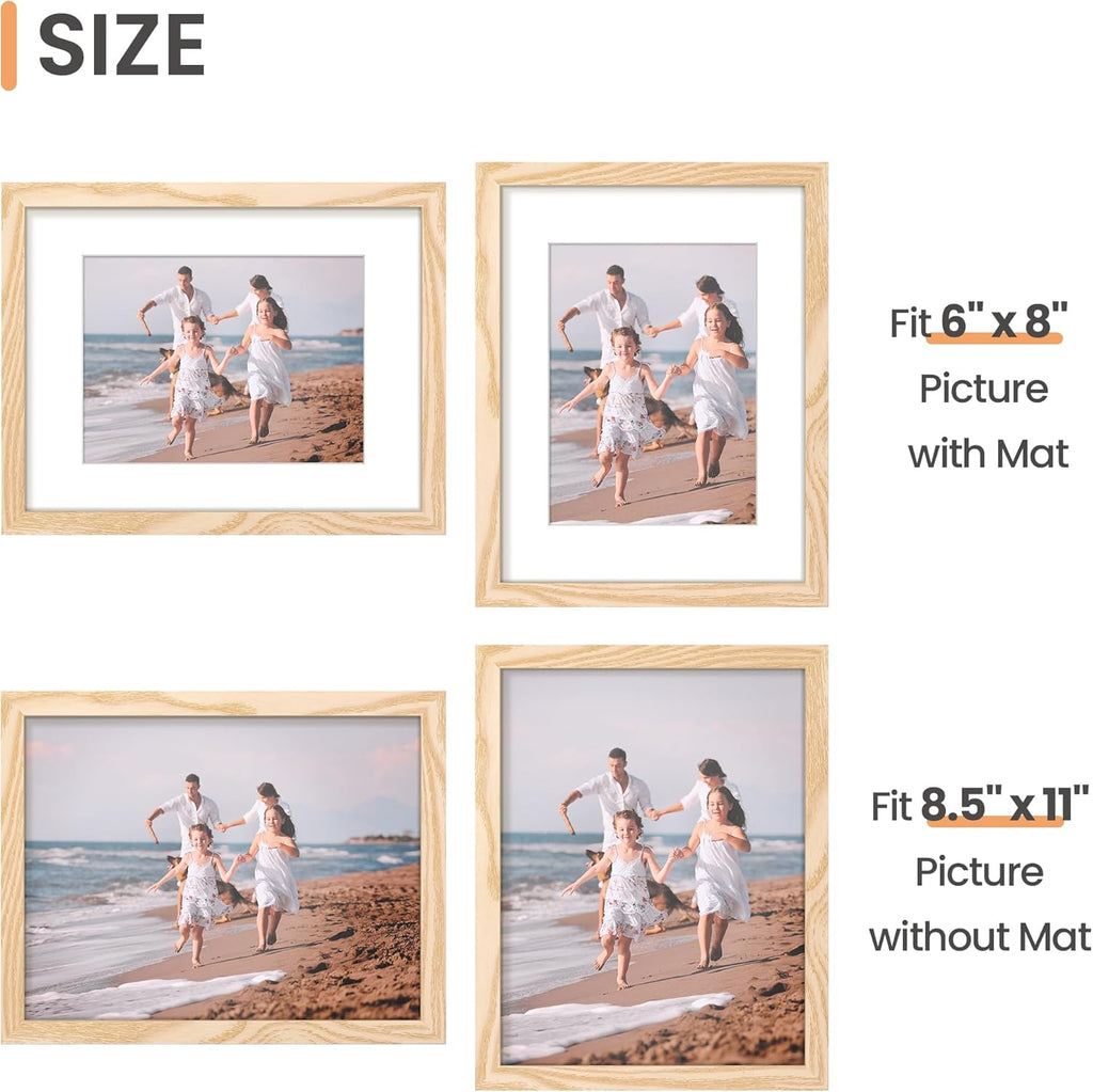 Upsimples 8.5x11 Picture Frame - Versatile Display for 6x8 Photos with Mat or 8.5x11 Without - Natural Finish, 1 Pack