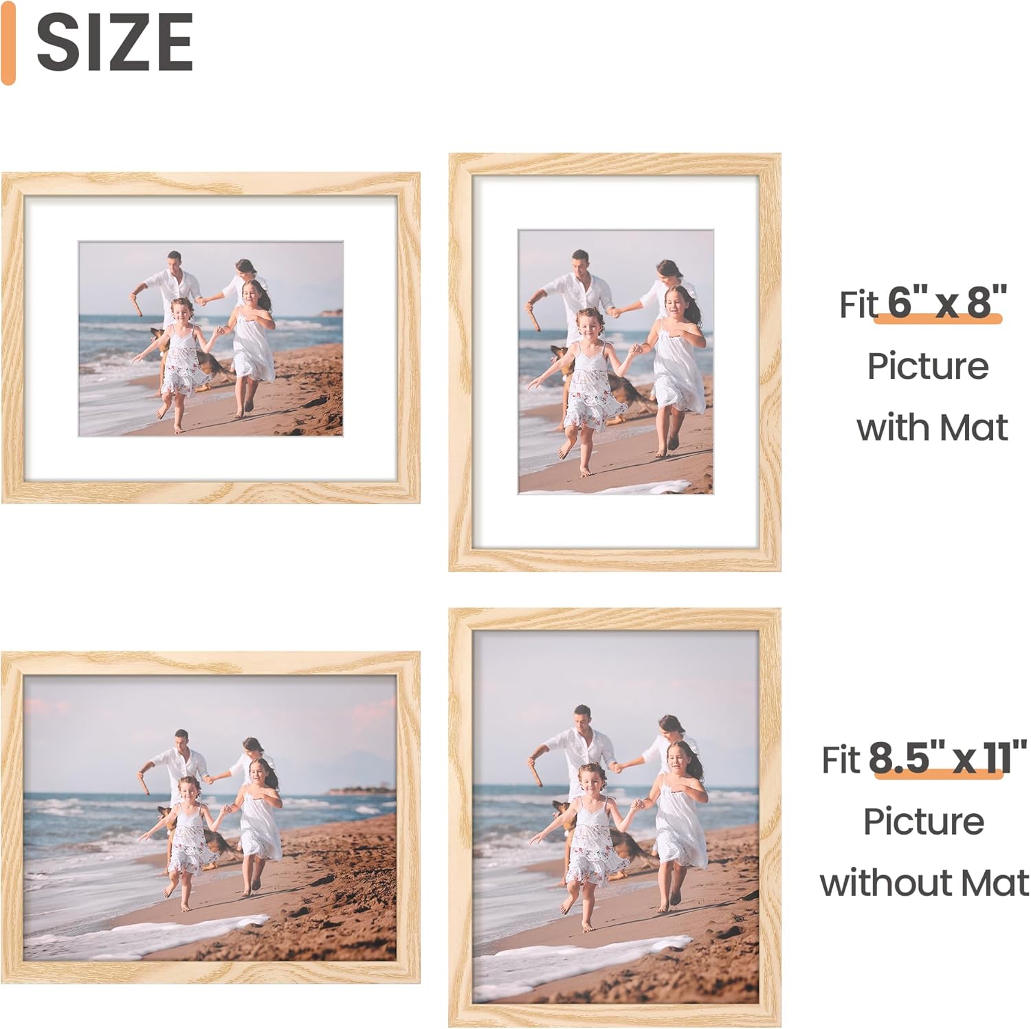 Upsimples 8.5x11 Picture Frame - Versatile Display for 6x8 Photos with Mat or 8.5x11 Without - Natural Finish, 1 Pack